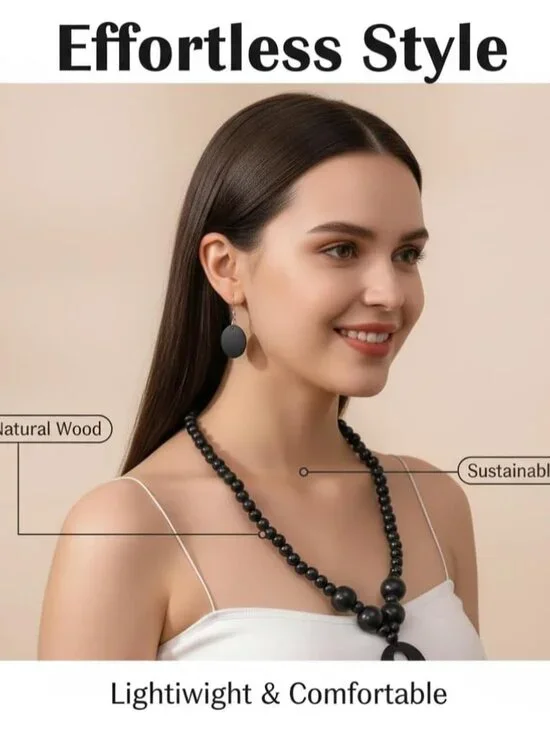 Red Natural Wood Round Beaded Strand Necklace, Chunky Bohemian Costume Jewelry f - Picture 3 of 7